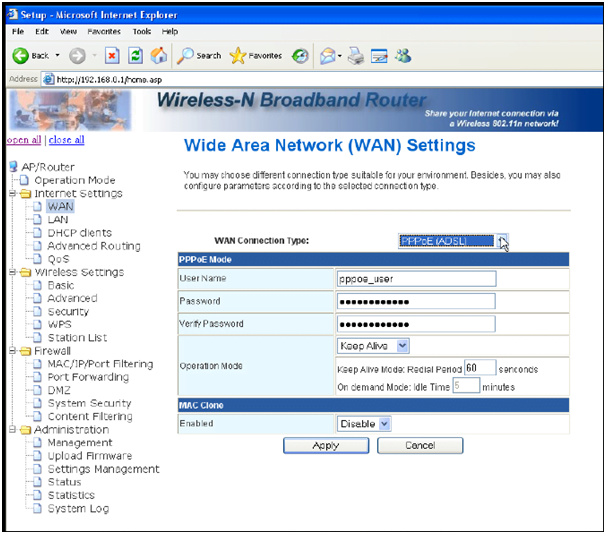 198.168.0.1 WAN Settings