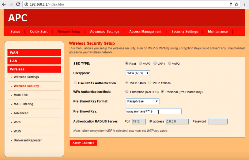 APC Router Wireless Settings