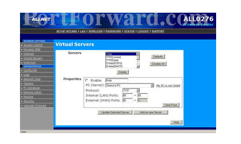 AllNEt Router Virtual Servers Setup