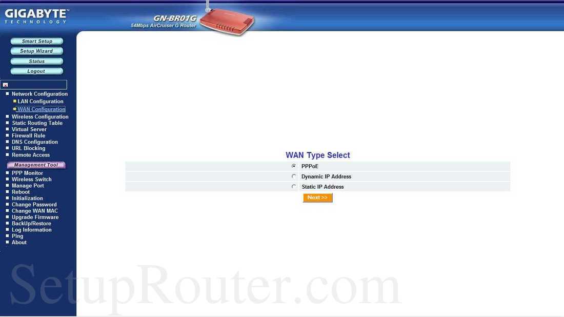 Gigabyte Router Management tool Settings for WAN