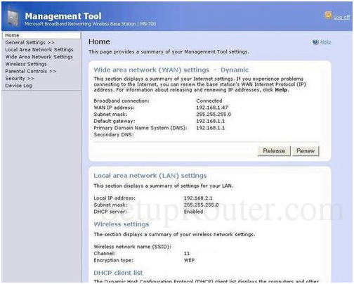 Microsoft Router Home Page