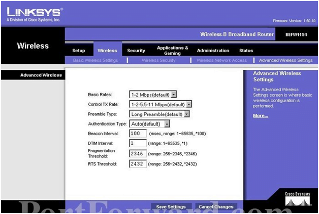 Linksys Advanced wireless Settings