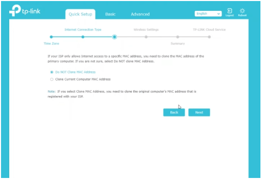 TP-Link Router Quick Setup Clone or do not Clone Mac Address